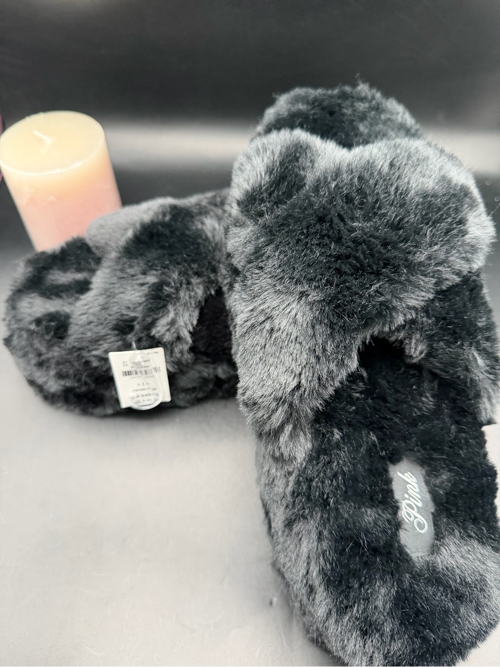 Victoria’s Secret PINK Black Faux-Fur Open Toe Slide Slippers